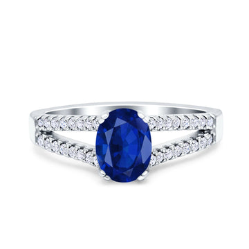 Split Shank Halo Oval Wedding Ring Simulated Blue Sapphire CZ 925 Sterling Silver